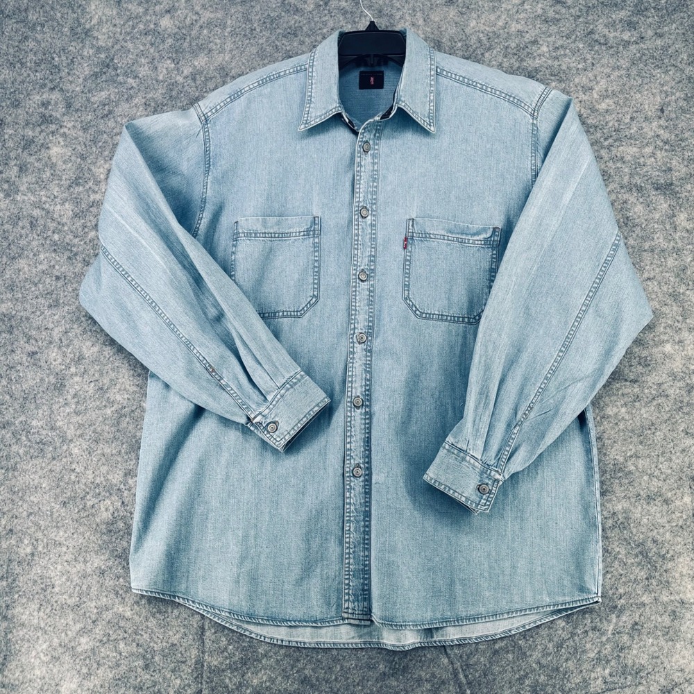 VTG Levi's Denim Shirt Men Large Light Blue Red Tab Metal Button Cotton Oversize